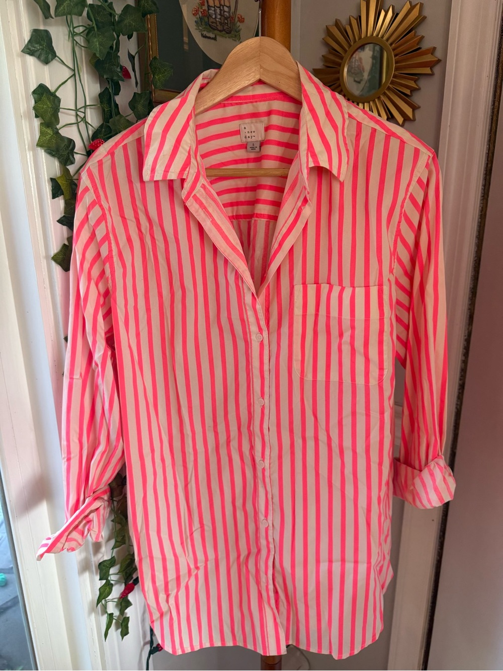 💕a new day Neon Pink and White Striped Button-Up💕